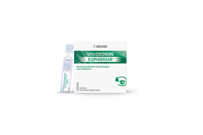 Visiodoron-Euphrasia-Augentropfen-Monodosen-2024.png Packung mit Weleda Visiodoron Euphrasia Augentropfen in Monodosen, zur Behandlung von Augenentzündungen.