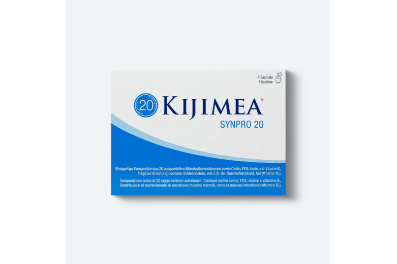 Verpackung von Kijimea SYNPRO 20, einer Nahrungsergänzung mit Mikroorganismen und Vitaminen.