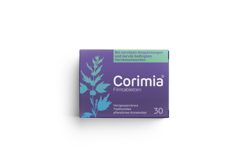 Corimia.png Verpackung von Corimia Filmtabletten mit pflanzlichem Arzneimittel für nervöse Spannungen und Herzbeschwerden.