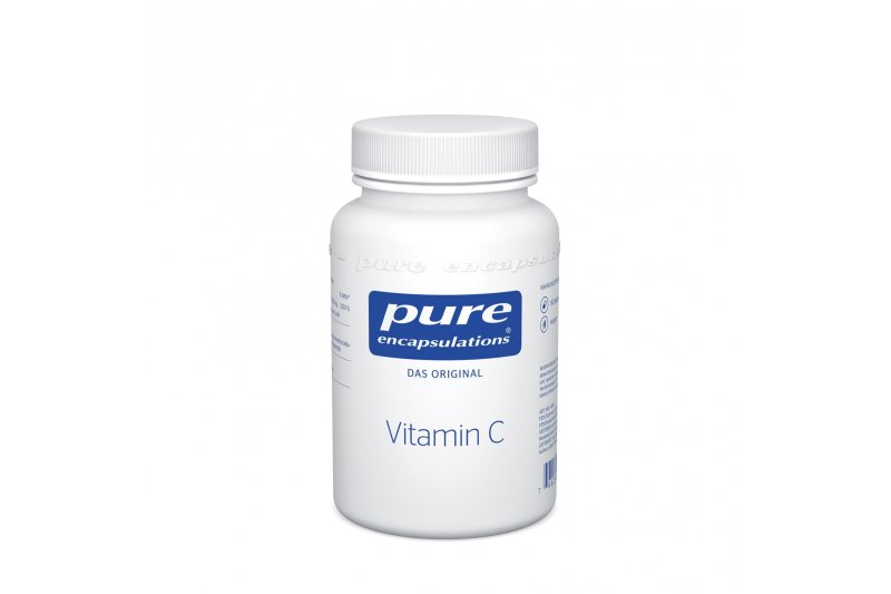 2383117_A19A_1-Web.jpg Weißer Kunststoffbehälter mit Vitamin C von Pure Encapsulations und blauem Etikett.