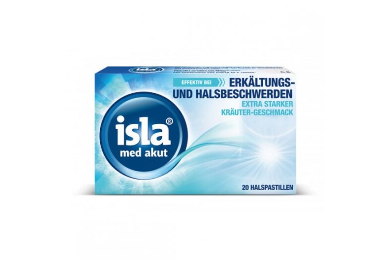 Verpackung von Isla med akut Halspastillen mit Hinweis auf Erkältungs- und Halbbeschwerden, extra starker Kräutergeschmack.