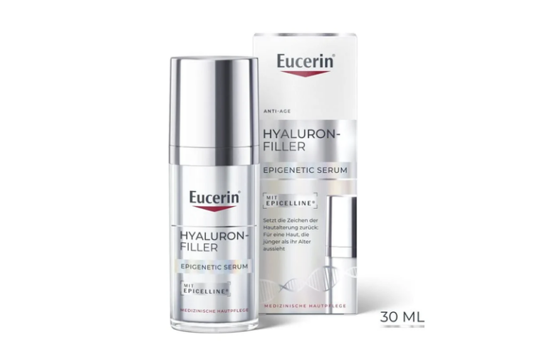 Eucerin Hyaluron-Filler Epigenetic Serum in einem silbernen Pumpflakon mit einem Produktbeschreibung auf der Verpackung.