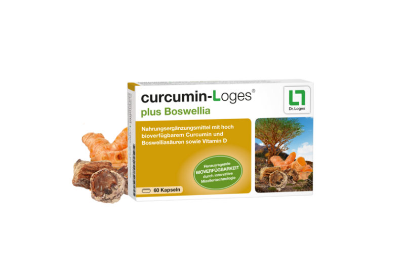 curcumin-loges_plus_boswellia.png Verpackung von curcumin-Loges plus Boswellia mit Kapseln, umgeben von Kurkuma und Boswellia-Rinde.