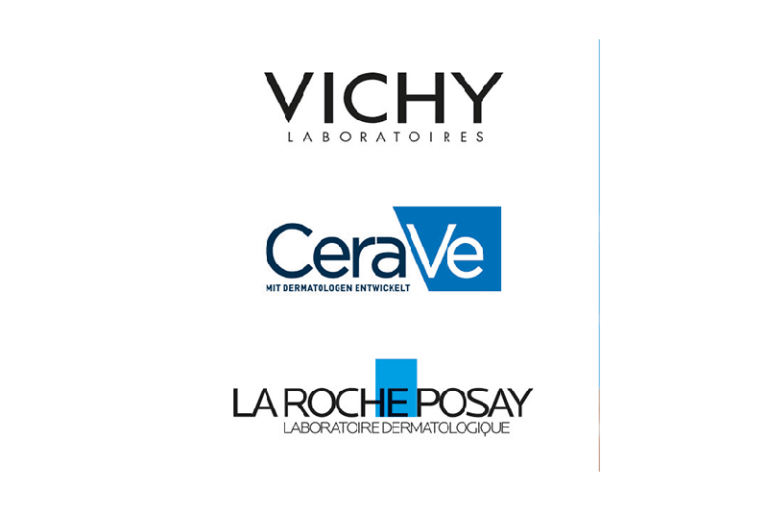 Logos der Marken Vichy, CeraVe und La Roche-Posay, die Hautpflegeprodukte anbieten.
