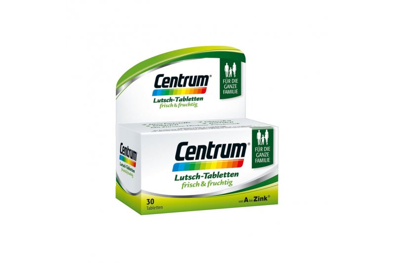 Centrum_frisch-fruchtig_30.jpg Verpackung von Centrum Lutsch-Tabletten mit fruchtigem Geschmack, geeignet für die ganze Familie.