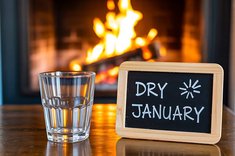 Ein Glas Wasser steht neben einer Tafel mit der Aufschrift 'DRY JANUARY' vor einem Kaminfeuer.