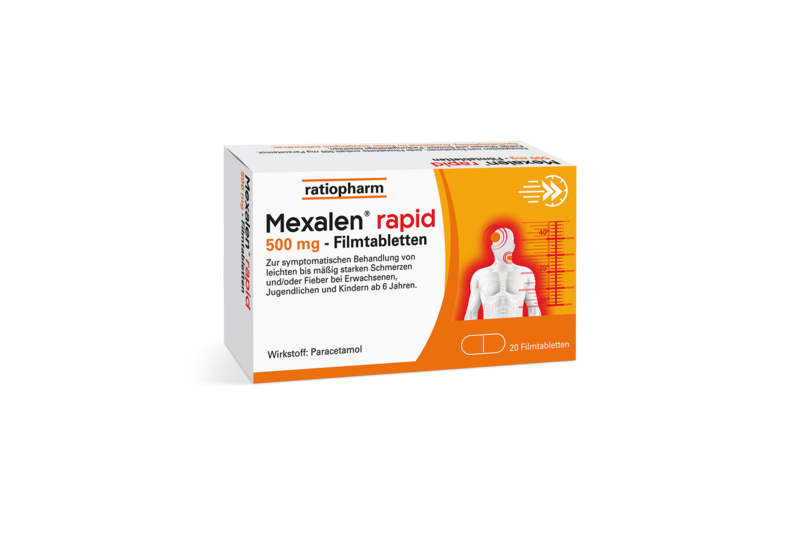 6052601_Mexalen_rapid_500mg.png Packung Mexalen rapid 500 mg Filmtabletten zur Behandlung von Schmerzen und Fieber, mit orangefarbenem Design.