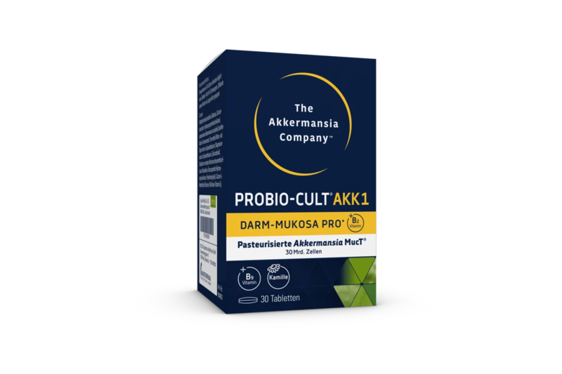 probio-c-akk1-01-800×800.png Verpackung des Nahrungsergänzungsmittels PROBIO-CULT AKK1 von The Akkermansia Company mit 30 Tabletten.