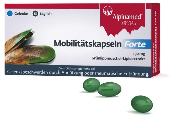 Alpinamed_Mobilitaetskapseln.jpg Packung Mobilitätskapseln Forte mit Grünlippmuschel-Lipidextrakt, zwei grüne Kapseln daneben.
