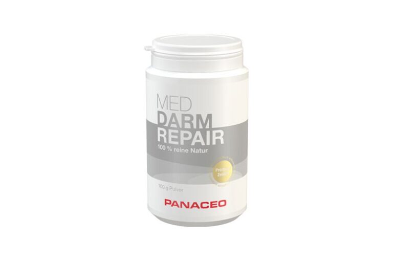 Weißer Kunststoffbehälter mit Schraubverschluss, beschriftet mit "DARM REPAIR" und "100 % reine Natur" von PANACEO.