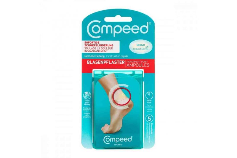 Verpackung von Compeed Blasenpflaster für die sofortige Schmerzlinderung und schnelle Heilung, mit einem Fußabbild.