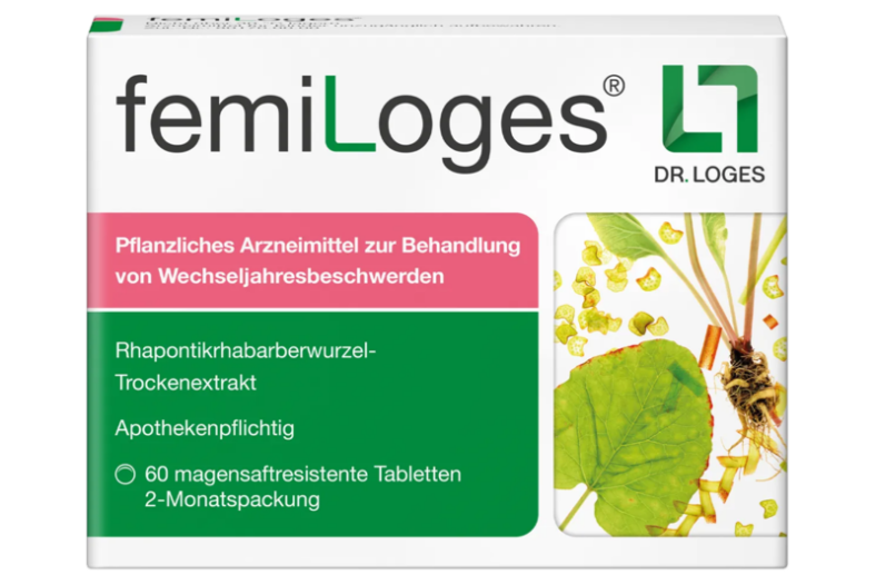 Verpackung von femiLoges, pflanzliches Arzneimittel zur Behandlung von Wechseljahresbeschwerden mit Rhapontikrhabarberwurzel.