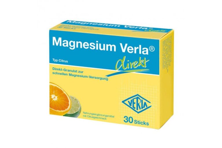 Verpackung von Magnesium Verla Direkt-Granulat mit Zitrusgeschmack in leuchtend gelber Box.