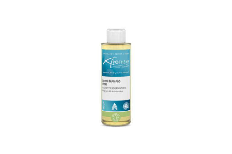 Flasche mit Dusch-Shampoo für Sport, enthält Grapefruitkernextrakt, sanfte Reinigung, mit Antimikrobikum.