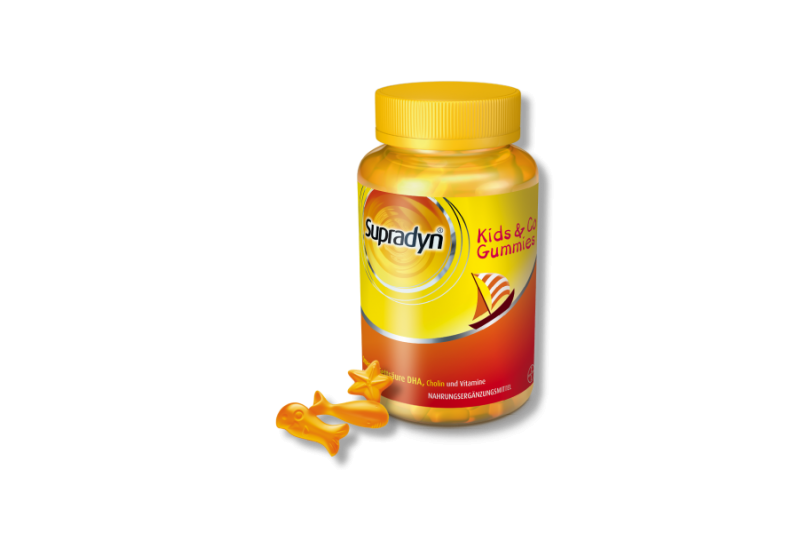 supradyn_kids_und_Co__Gummies.png Flasche mit Supradyn Kids & Co Gummies, enthält vitaminreiche, farbenfrohe Gummibärchen in Fisch- und Sternform.