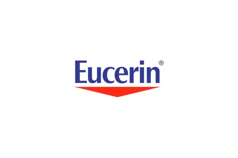 Logo von Eucerin in Blau und Rot mit einem markanten Winkel unter dem Schriftzug.