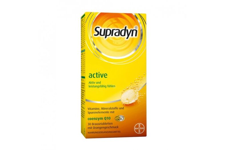Box mit Supradyn active Brausetabletten, gelbes Design, Informationen zu Vitaminen und Mineralstoffen, Orangen-Geschmack.